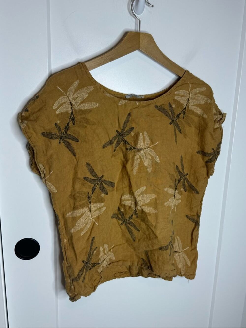 Elena Baldi Italy 100% Linen Dragonfly Mustard Yellow Short Sleeve Top Small